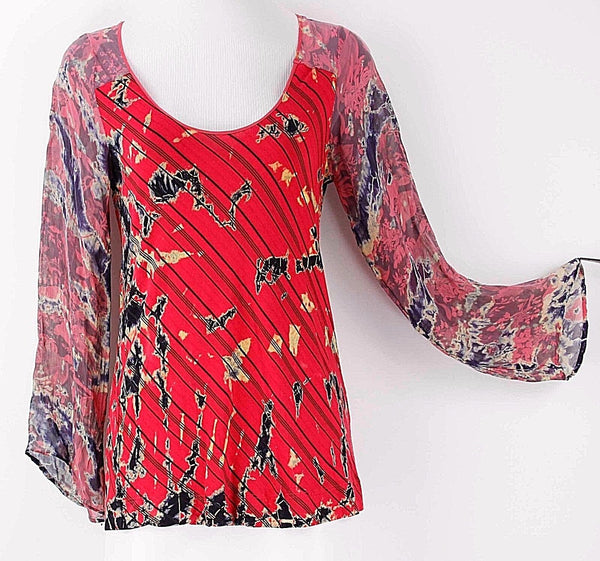 Language NEW $130 Sz XS Red Navy Tan Black Sheer Silk Sleeve Scoop Rayon Top