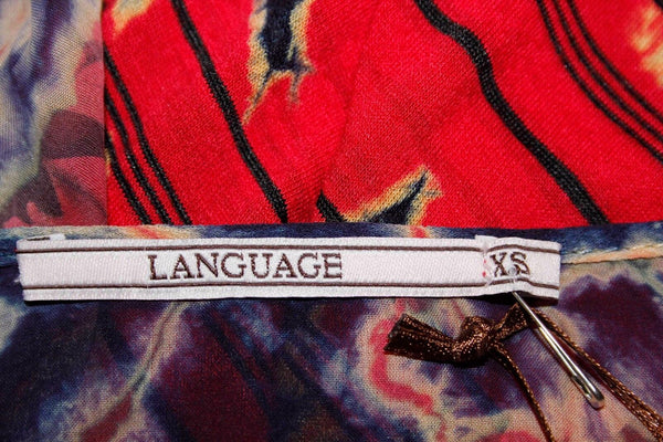 Language NEW $130 Sz XS Red Navy Tan Black Sheer Silk Sleeve Scoop Rayon Top