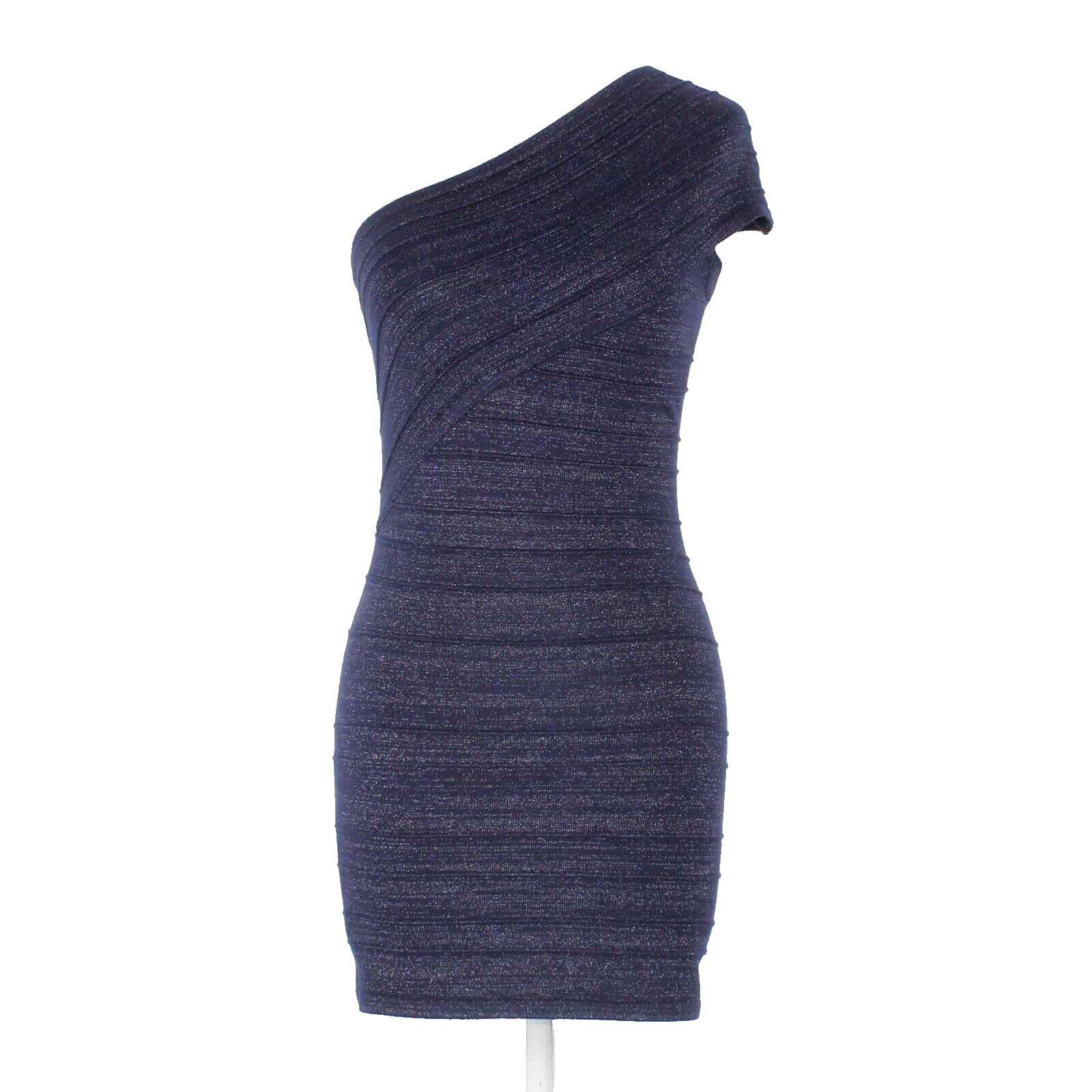 Foreign Exchange Sz M Navy Blue Shimmer Asymmetric Neck Rayon Blend Dress