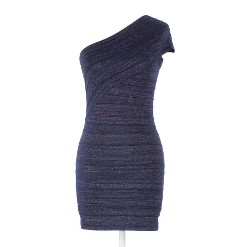 Foreign Exchange Sz M Navy Blue Shimmer Asymmetric Neck Rayon Blend Dress