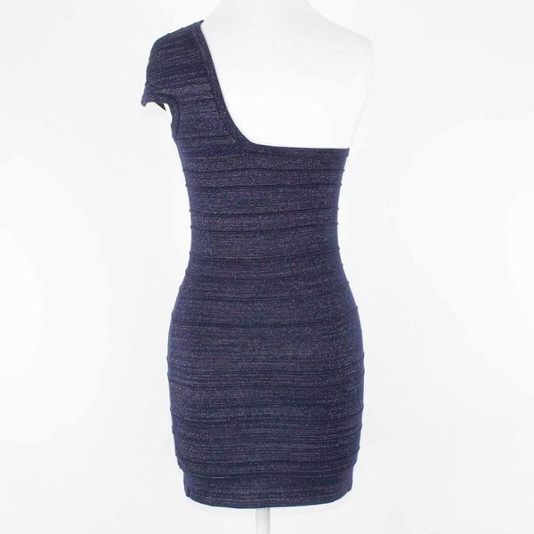 Foreign Exchange Sz M Navy Blue Shimmer Asymmetric Neck Rayon Blend Dress
