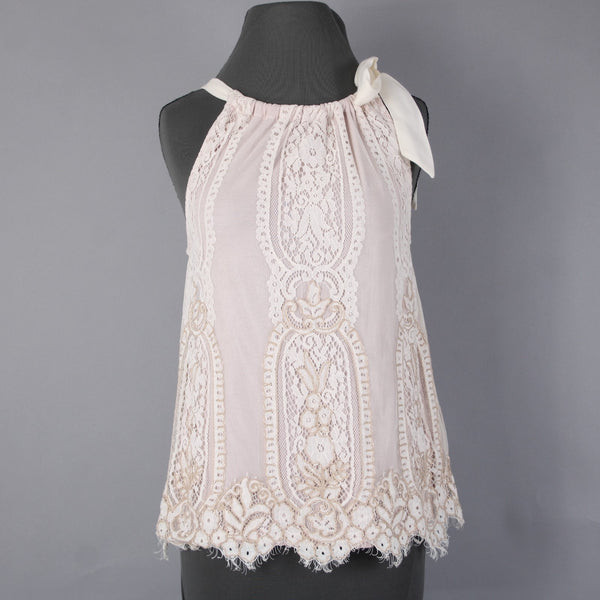 Blink London Top Sz XS Pink Cream Gold Lace Overlay Nylon Viscose Top