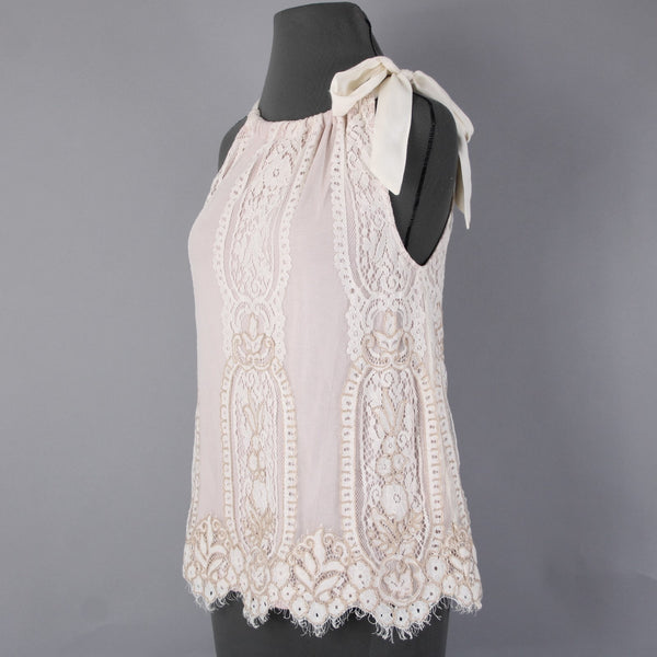 Blink London Top Sz XS Pink Cream Gold Lace Overlay Nylon Viscose Top