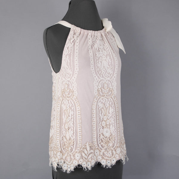 Blink London Top Sz XS Pink Cream Gold Lace Overlay Nylon Viscose Top