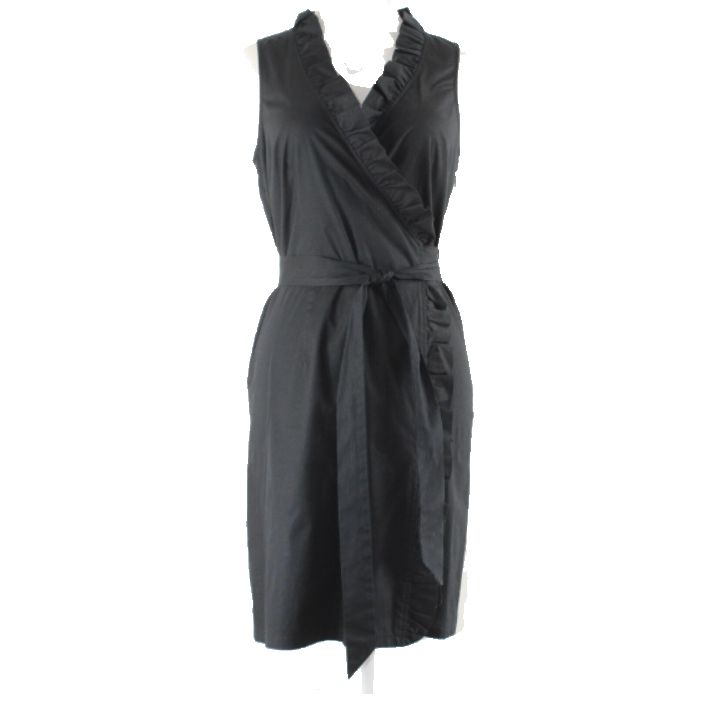 Trulli Sz 0 Black Ruffle Collar Neck Side Zip True Wrap Cotton Blend Dress