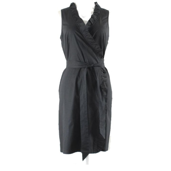 Trulli Sz 0 Black Ruffle Collar Neck Side Zip True Wrap Cotton Blend Dress