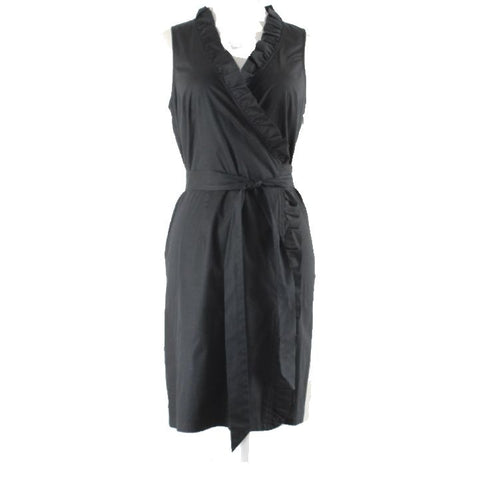 Trulli Sz 0 Black Ruffle Collar Neck Side Zip True Wrap Cotton Blend Dress