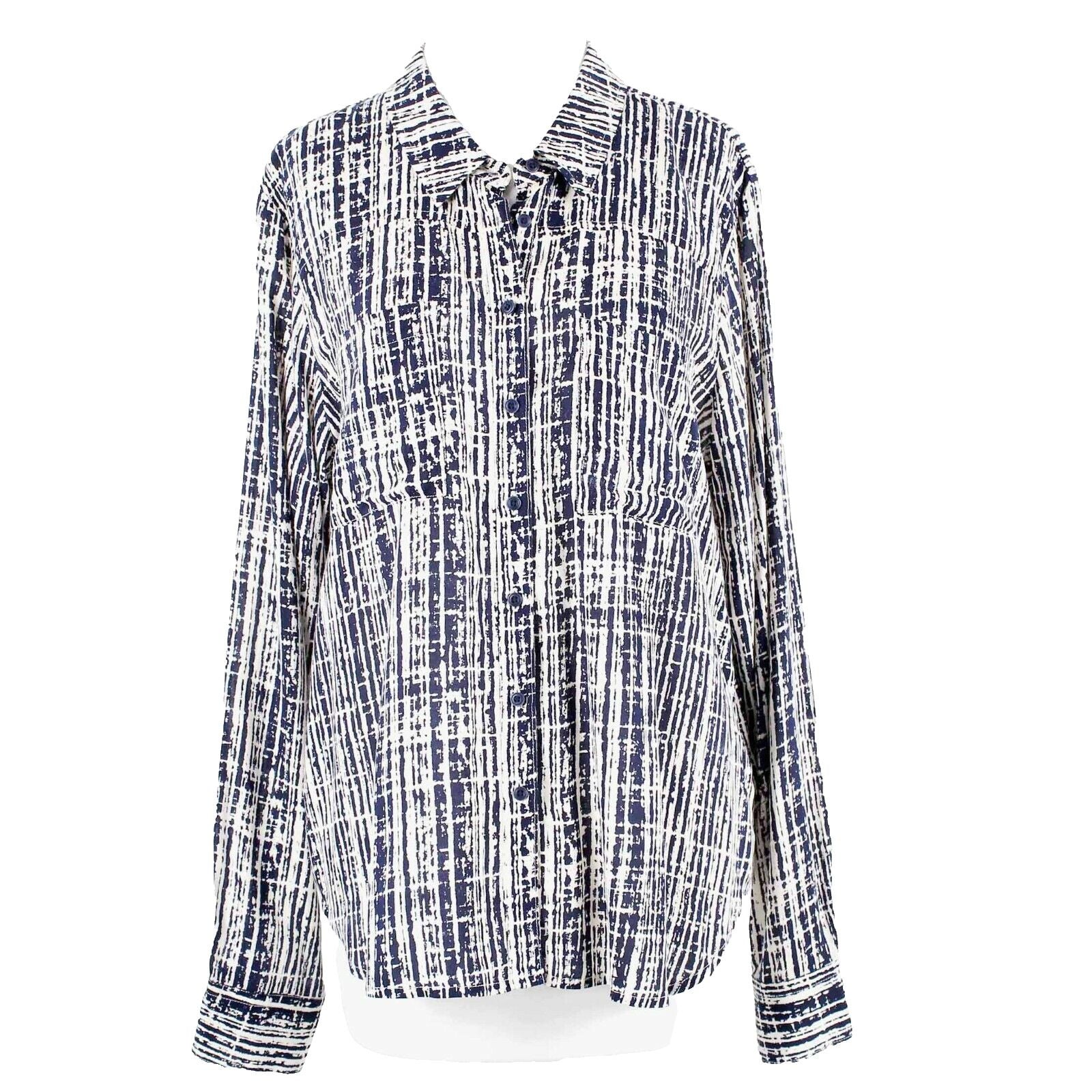 Holding Horses Sz 10 Navy Blue Ivory Hi Lo Button Up Gathered Back Rayon Top