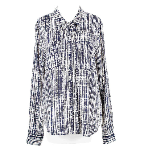 Holding Horses Sz 10 Navy Blue Ivory Hi Lo Button Up Gathered Back Rayon Top