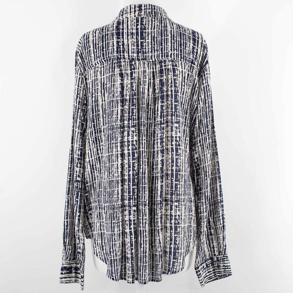 Holding Horses Sz 10 Navy Blue Ivory Hi Lo Button Up Gathered Back Rayon Top