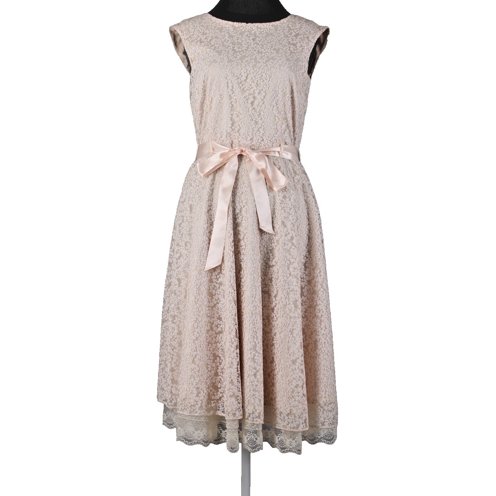 Tahari Sz 6 Tan White Glitter Lace Lined Belted Rayon Polyester Dress