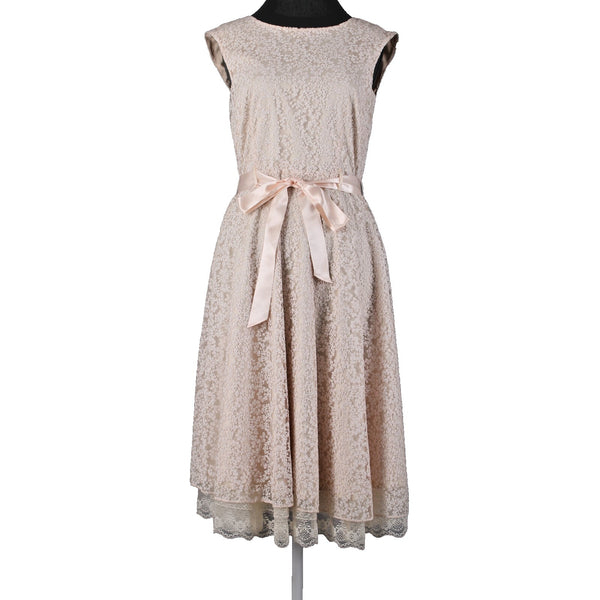 Tahari Sz 6 Tan White Glitter Lace Lined Belted Rayon Polyester Dress