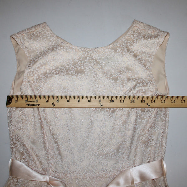 Tahari Sz 6 Tan White Glitter Lace Lined Belted Rayon Polyester Dress