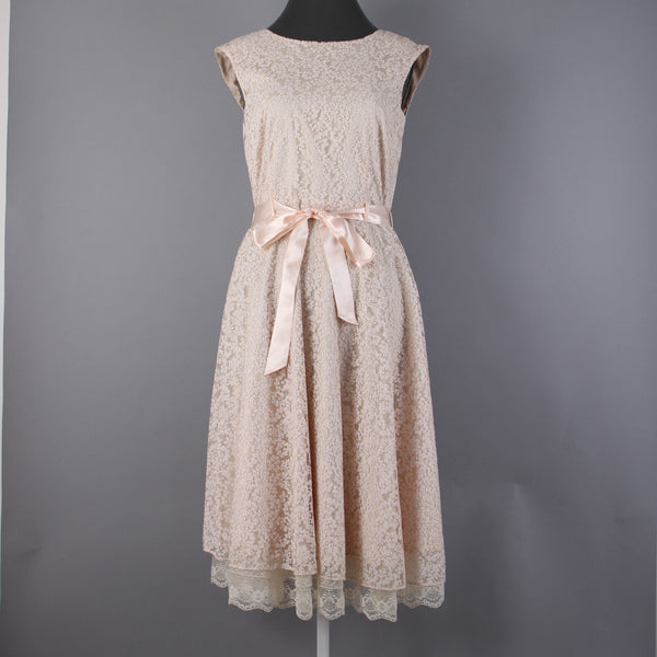 Tahari Sz 6 Tan White Glitter Lace Lined Belted Rayon Polyester Dress