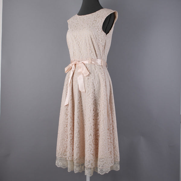 Tahari Sz 6 Tan White Glitter Lace Lined Belted Rayon Polyester Dress