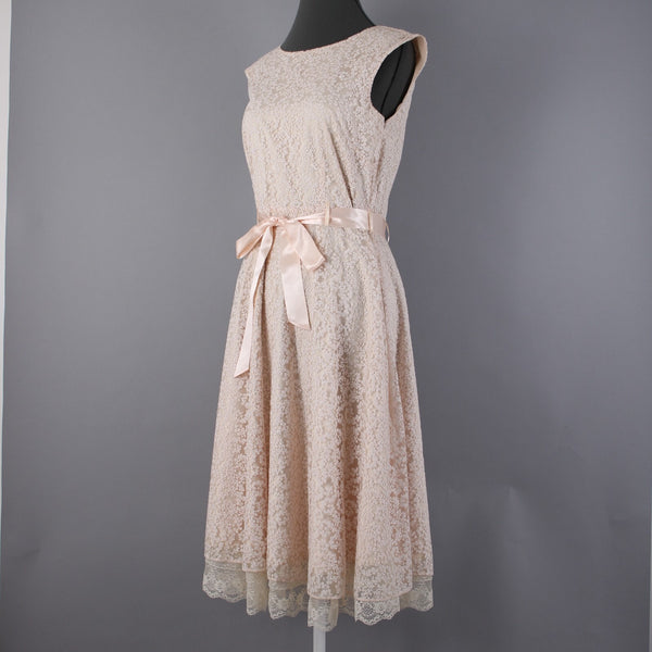 Tahari Sz 6 Tan White Glitter Lace Lined Belted Rayon Polyester Dress