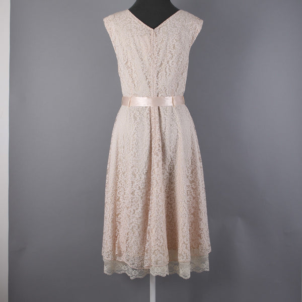 Tahari Sz 6 Tan White Glitter Lace Lined Belted Rayon Polyester Dress