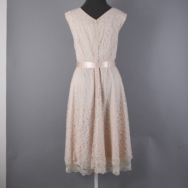 Tahari Sz 6 Tan White Glitter Lace Lined Belted Rayon Polyester Dress