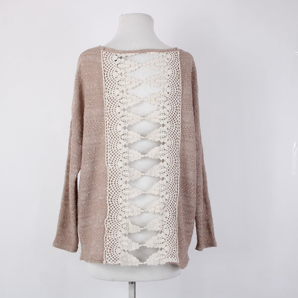 Entro Top Sz M Tan Cream Embroidered Knit Open Back Polyester Cotton Top