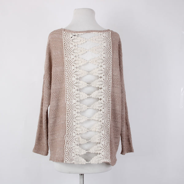 Entro Top Sz M Tan Cream Embroidered Knit Open Back Polyester Cotton Top