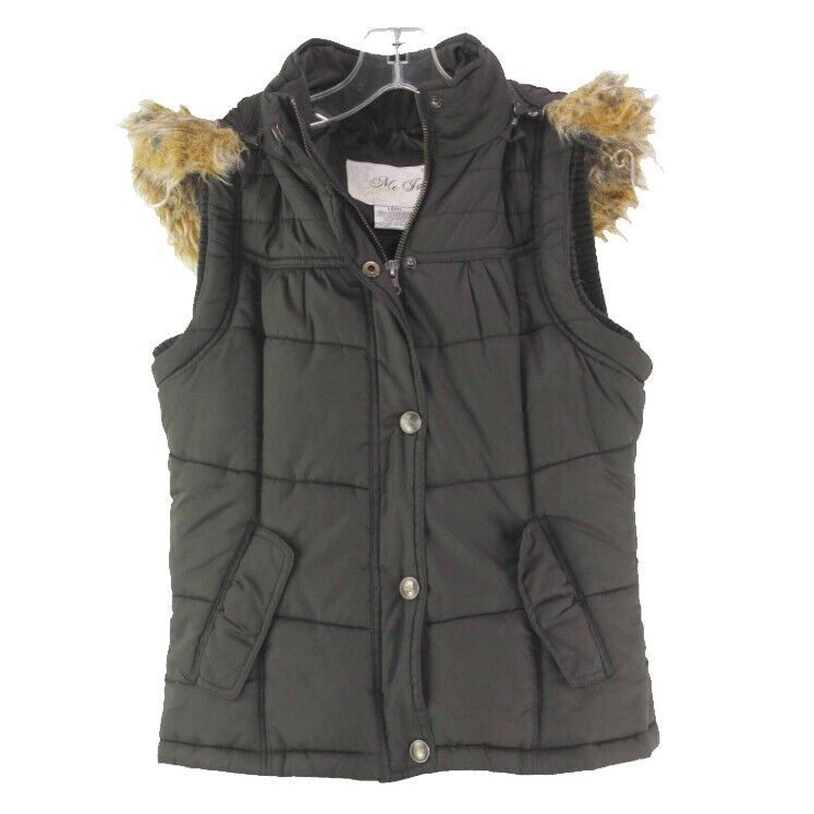 Me Jane Sz 14 Brown Poly Tan Faux Fur Trimmed Detachable Hooded Vest