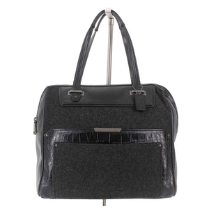 Coach 12 x 12.5 x 5.5 Black Charcoal Wool Leather Zip Top Satchel Purse