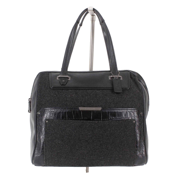 Coach 12 x 12.5 x 5.5 Black Charcoal Wool Leather Zip Top Satchel Purse