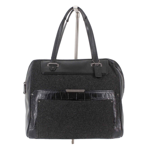Coach 12 x 12.5 x 5.5 Black Charcoal Wool Leather Zip Top Satchel Purse