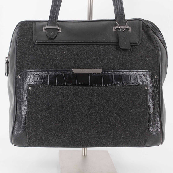 Coach 12 x 12.5 x 5.5 Black Charcoal Wool Leather Zip Top Satchel Purse