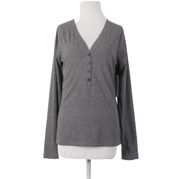 Athleta AW Top NEW $69 Sz L Gray White Buttons V Neck Poly Spandex AW Top