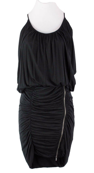 BCBGMaxazria NWT $107 Sz XS Black Silver Zip Sleeveless Ruched Doris Dress