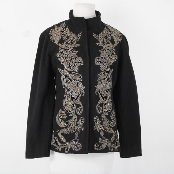 Chicos Sz 1 Black Brown Sequin Collared Lined Pockets Wool Polyester Jacket