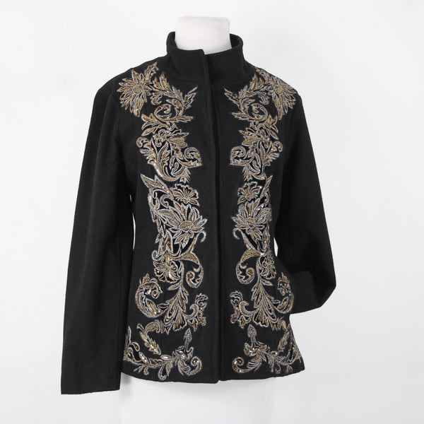 Chicos Sz 1 Black Brown Sequin Collared Lined Pockets Wool Polyester Jacket