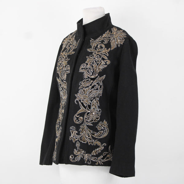 Chicos Sz 1 Black Brown Sequin Collared Lined Pockets Wool Polyester Jacket