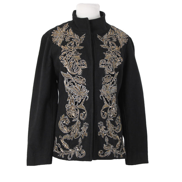 Chicos Sz 1 Black Brown Sequin Collared Lined Pockets Wool Polyester Jacket