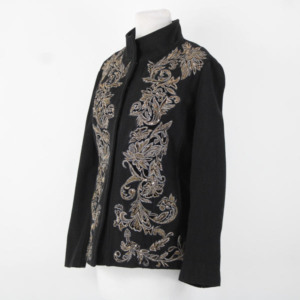Chicos Sz 1 Black Brown Sequin Collared Lined Pockets Wool Polyester Jacket