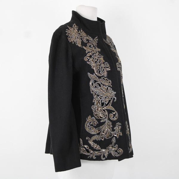 Chicos Sz 1 Black Brown Sequin Collared Lined Pockets Wool Polyester Jacket