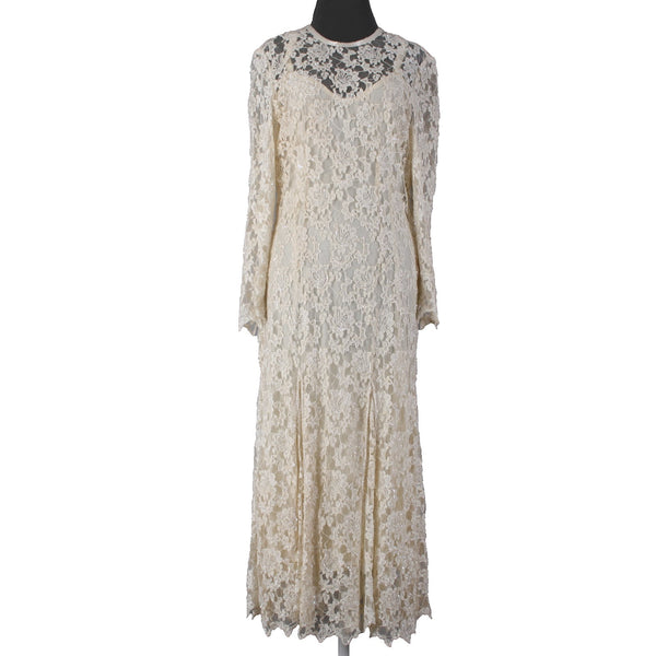 Scala Dress Sz L Beige Lined Lace Overlay 100% Rayon Polyester AS IS Dress