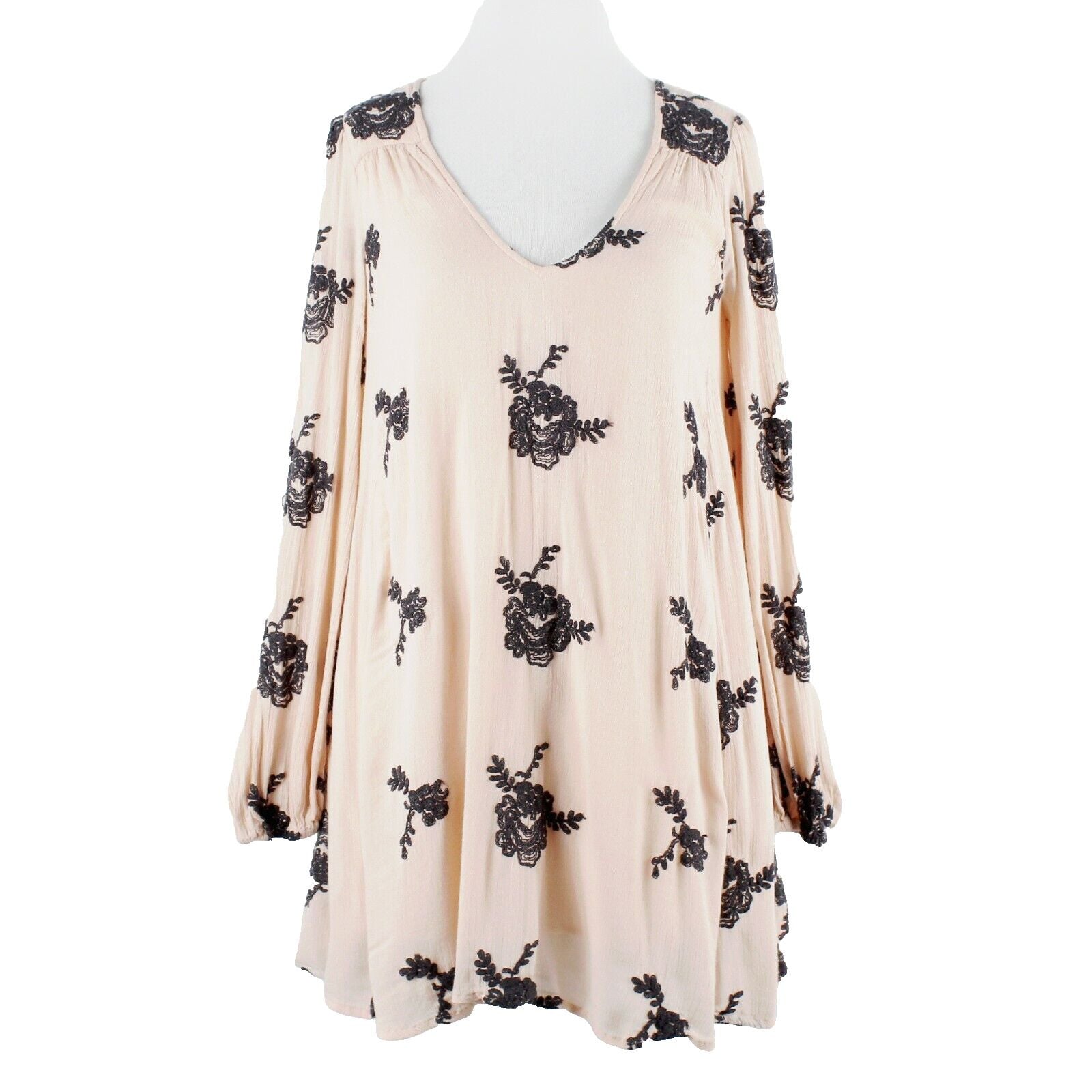 Free People Sz XS Peach Charcoal Embroidered V Neck Keyhole Rayon Top