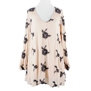 Free People Sz XS Peach Charcoal Embroidered V Neck Keyhole Rayon Top