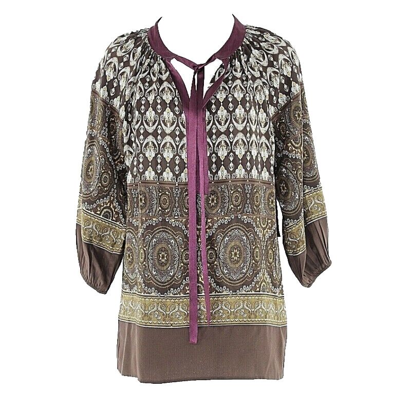 Karen Kane NWT $139 Sz S Brown Purple Multi 100% Silk Ribbon Tie Boho Top