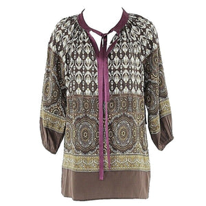 Karen Kane NWT $139 Sz S Brown Purple Multi 100% Silk Ribbon Tie Boho Top