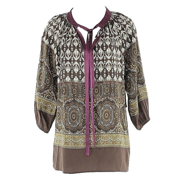 Karen Kane NWT $139 Sz S Brown Purple Multi 100% Silk Ribbon Tie Boho Top