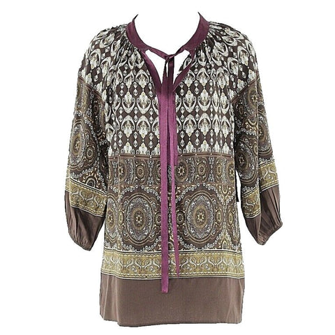 Karen Kane NWT $139 Sz S Brown Purple Multi 100% Silk Ribbon Tie Boho Top