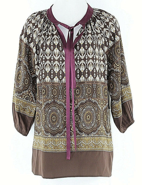 Karen Kane NWT $139 Sz S Brown Purple Multi 100% Silk Ribbon Tie Boho Top