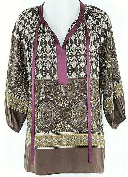 Karen Kane NWT $139 Sz S Brown Purple Multi 100% Silk Ribbon Tie Boho Top