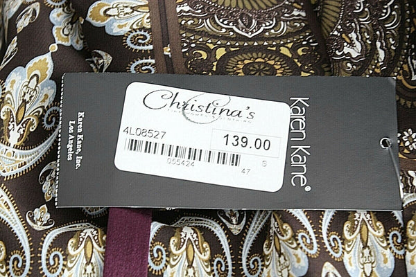 Karen Kane NWT $139 Sz S Brown Purple Multi 100% Silk Ribbon Tie Boho Top