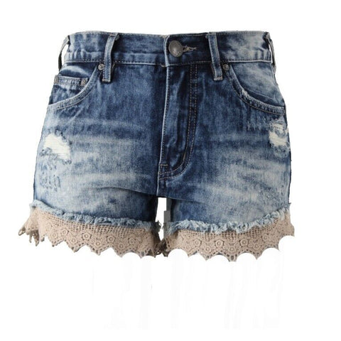 Free People Sz 24 x 3 Blue Denim Tan Crochet Edge Distressed 100% Cotton Shorts