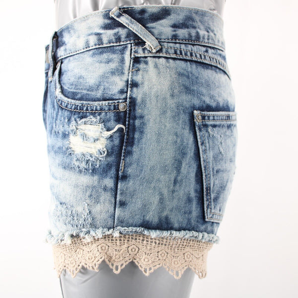 Free People Sz 24 x 3 Blue Denim Tan Crochet Edge Distressed 100% Cotton Shorts