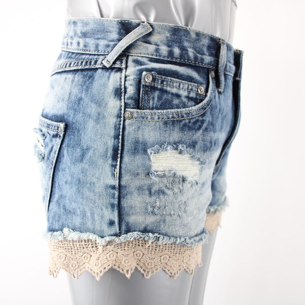Free People Sz 24 x 3 Blue Denim Tan Crochet Edge Distressed 100% Cotton Shorts
